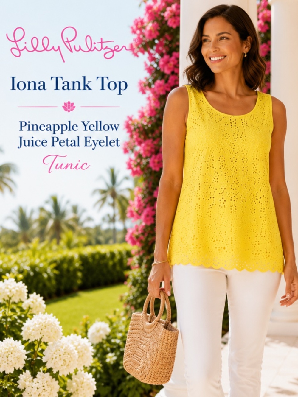 Lilly Pulitzer Iona Tank Top Pineapple Yellow Juice Petal Eyelet Tunic Size M